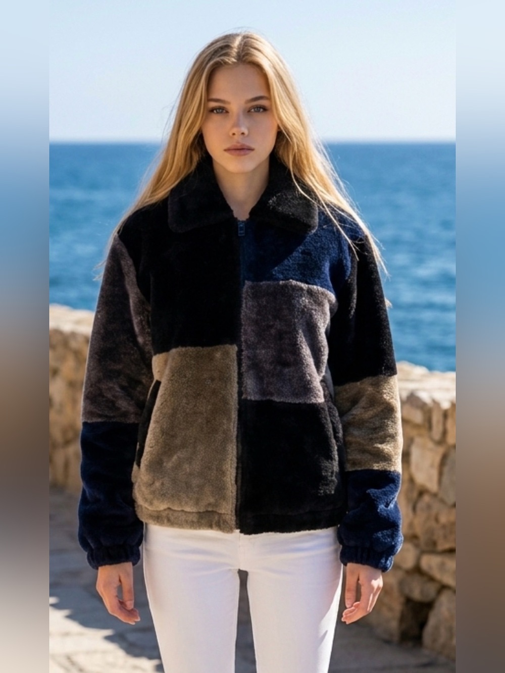 Urban Outfitters Colorblock Teddy Jacket in Black, Navy & Brown